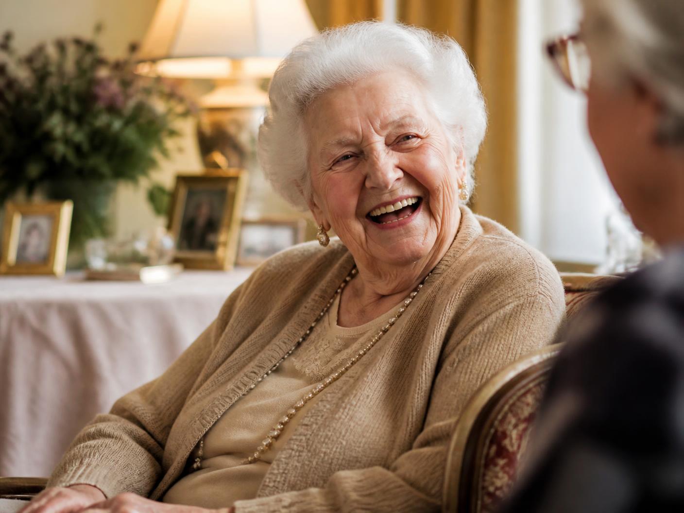 An elderly woman laughing during a recorded interview in her sitting room