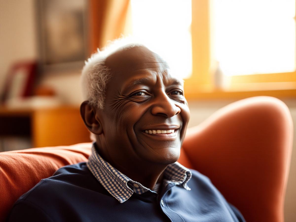 An elderly man smiling warmly during a life story interview