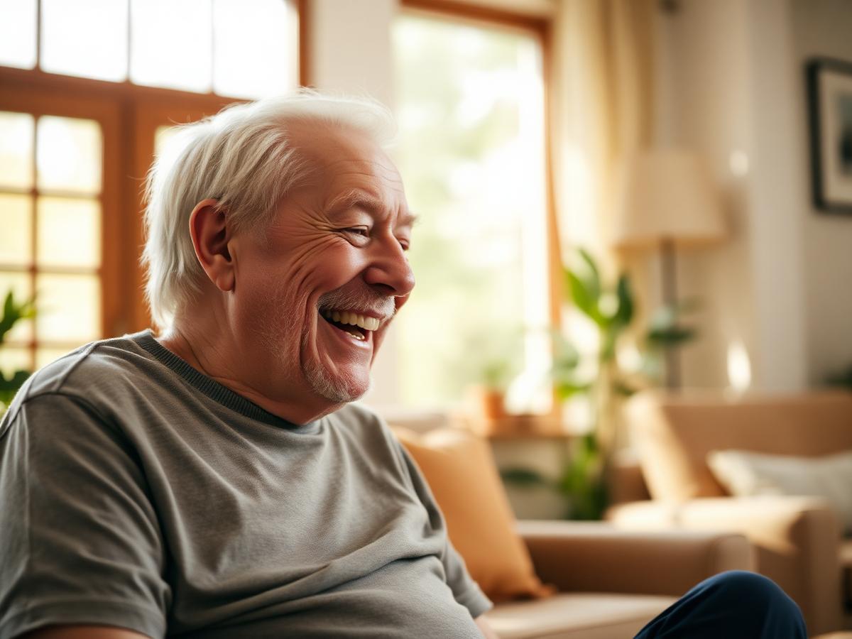 An elderly man laughing as he tells a story from his youth
